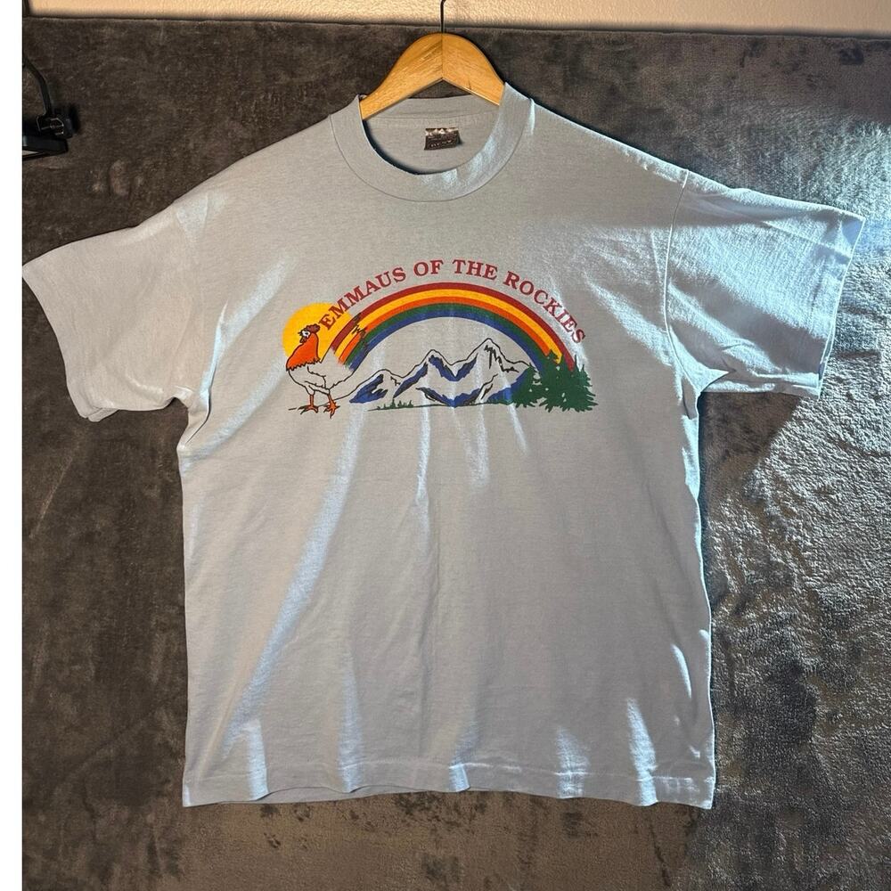 VTG 80s “Emmaus of the Rockies” Single Stitch Rainbow T Shirt Large Blue Unicorn - Picture 1 of 7